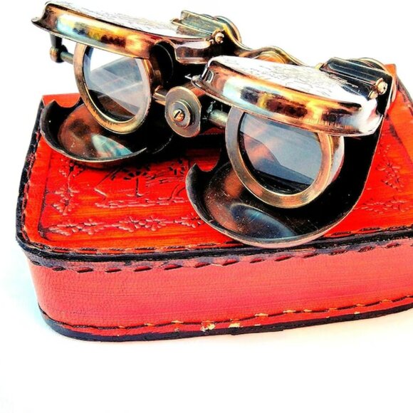 Brass Binoculars with Leather Case Antique Reproduction Nautical Spyglass - Picture 7 of 7